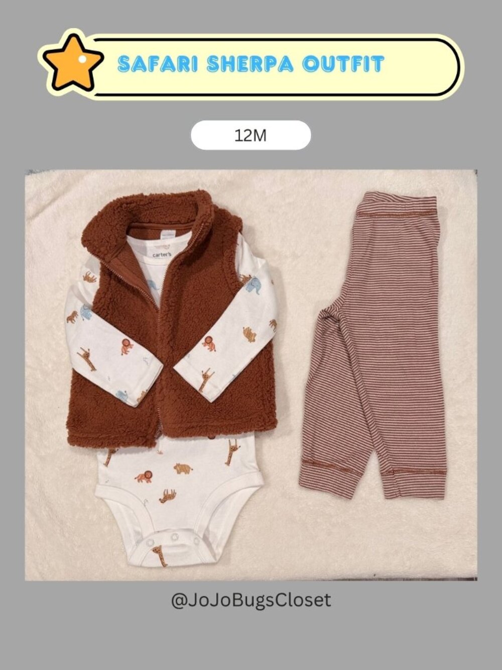 Carter's Safari 3-Piece Outfit Set | Size 12M | Sherpa Vest